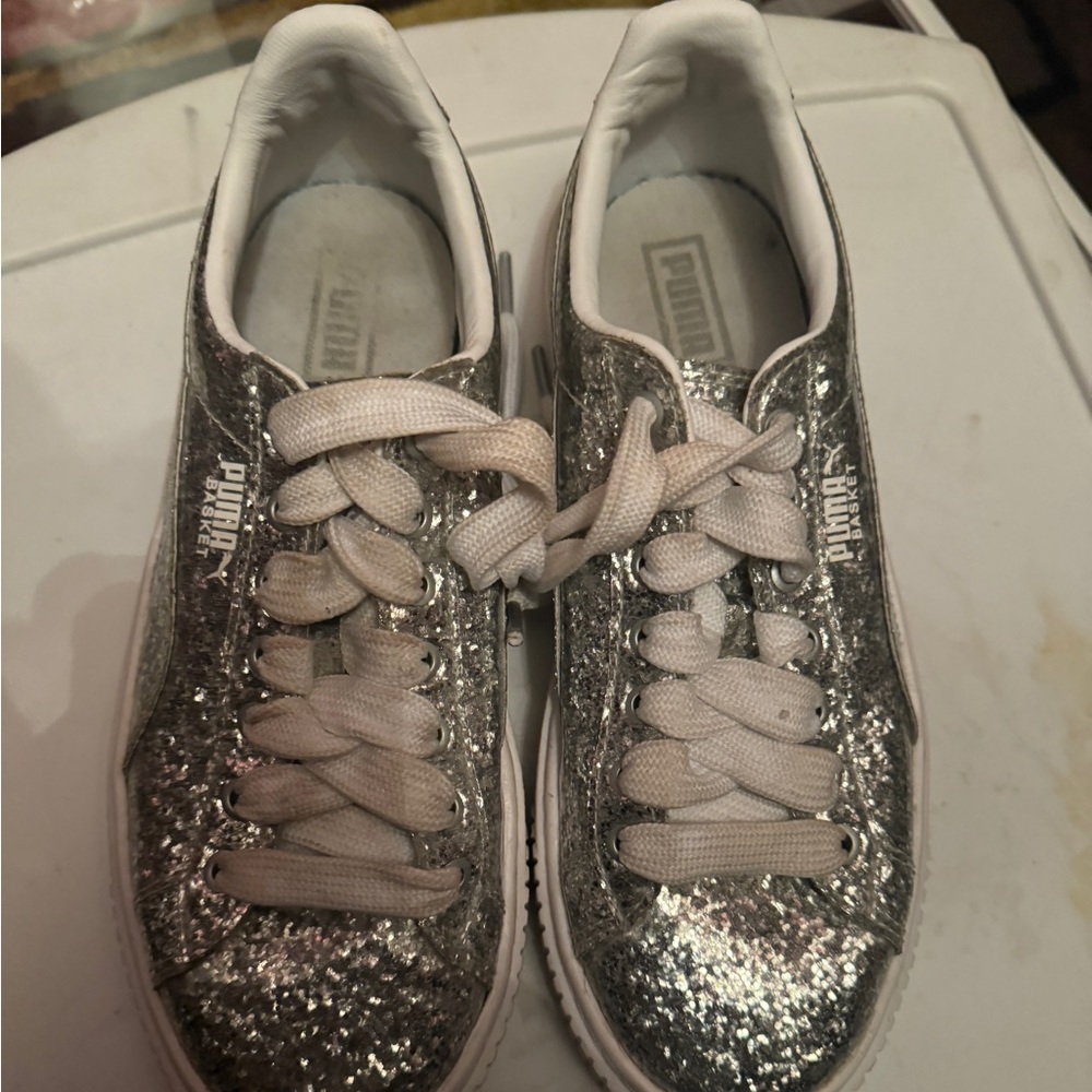 Metallic silver puma sneakers